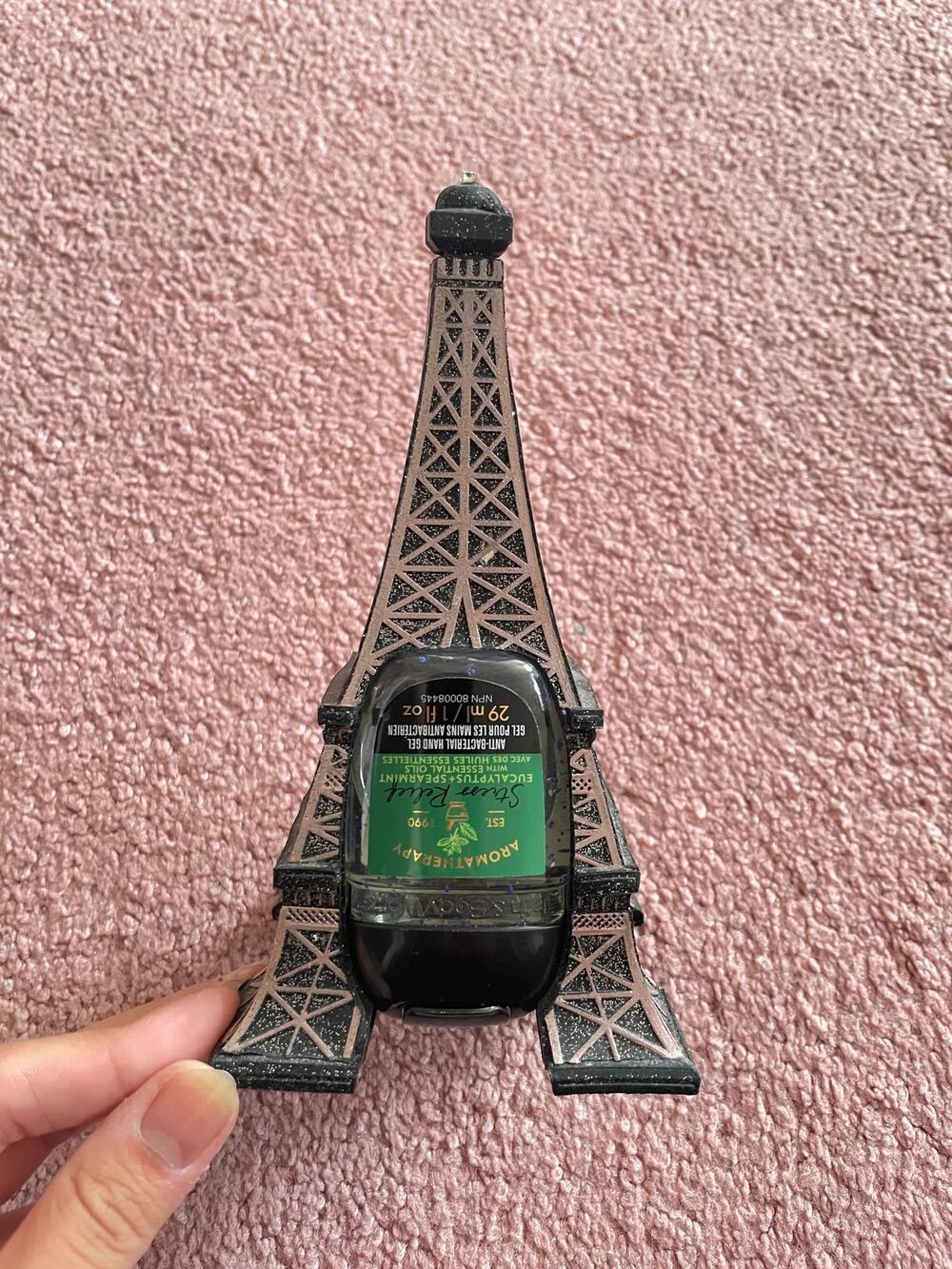 Eiffel tower hand sanitizer dispenser with clip top and glitter finish